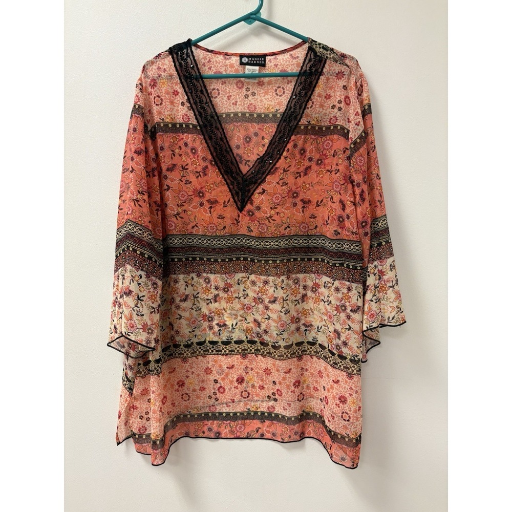 Maggie Barnes Popover Top Size 2X Lace Paisley Embroidered Sheer Festival Summer